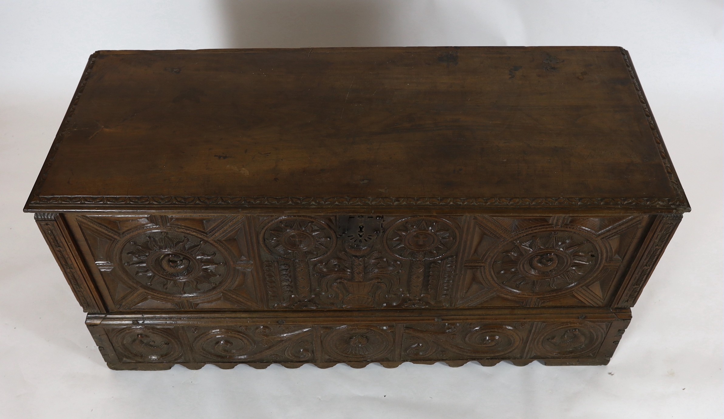An 18th century Spanish chestnut coffer, width 158cm depth 62cm height 76cm